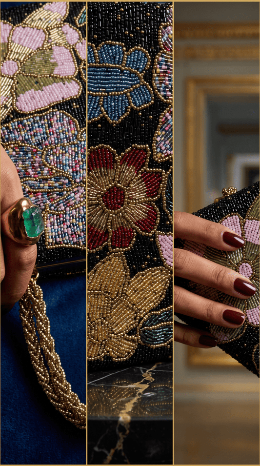 Beaded Black Floral Handbeaded Bag | Weddings | Parties - Amal Ayub