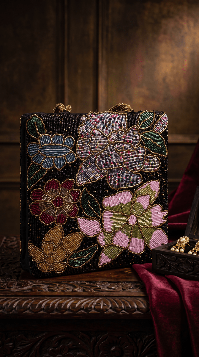Beaded Black Floral Handbeaded Bag | Weddings | Parties - Amal Ayub