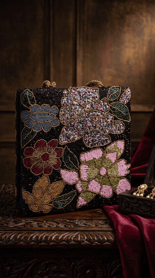 Beaded Black Floral Handbeaded Bag | Weddings | Parties - Amal Ayub