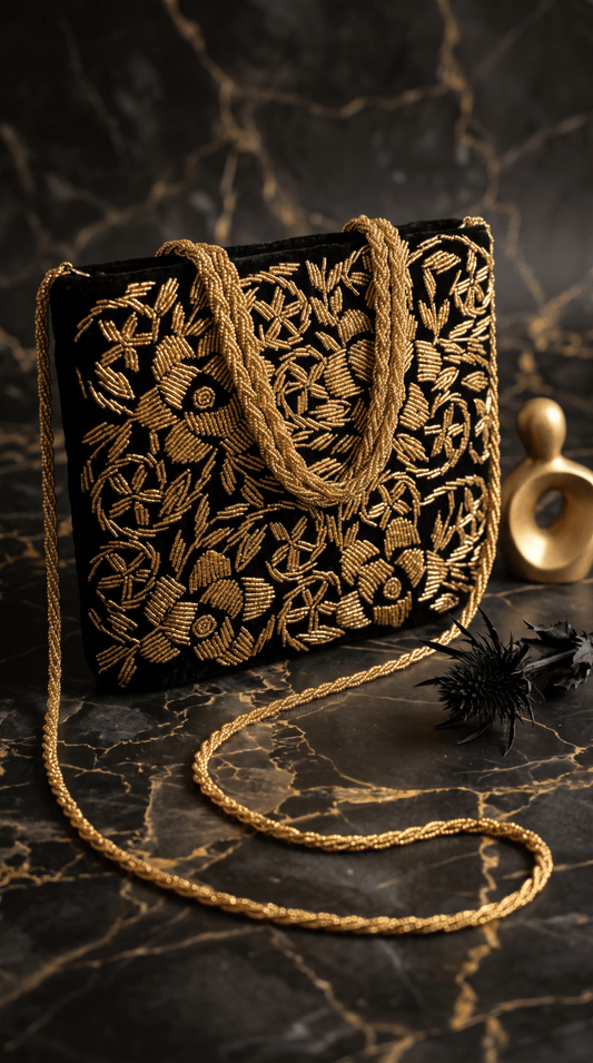 Beaded Black & Gold Beaded Evening Bag – Handmade Luxury Statement Clutch - Amal Ayub