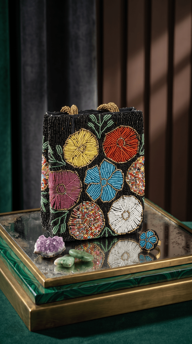 Beaded Black Mini Floral Bag | Phone Bag | Parties | Weddings - Amal Ayub