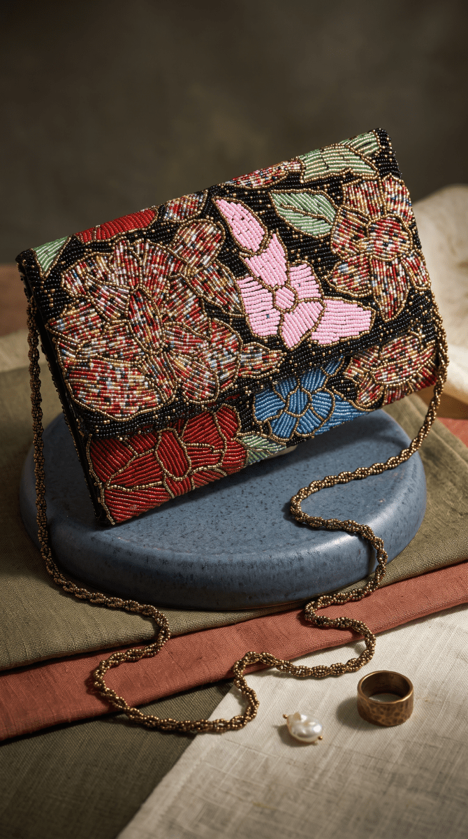 Beaded Black Multi floral bag | Amal Ayub - Amal Ayub