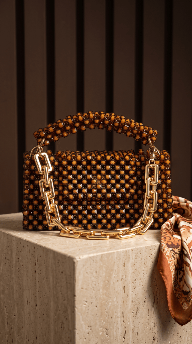 Beaded Coffee Brown Chain Clutch - Amal Ayub