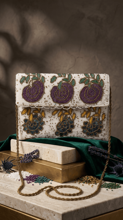 Beaded Floral Clutch – Ivory with Mauve Rose & Teal Blossom Beadwork - Amal Ayub