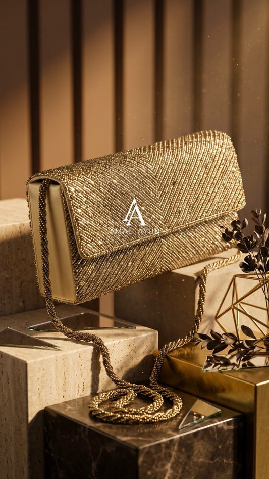 Beaded Golden Clutch | Handcrafted Gold Bead Evening Bag - Amal Ayub