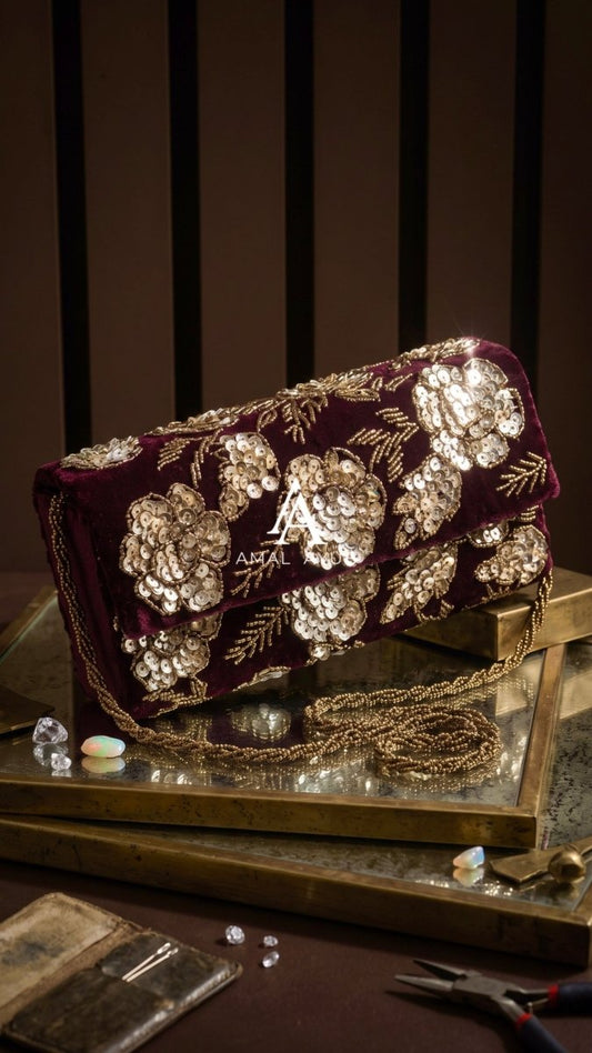 Beaded Maroon Hand Embellished Clutch | Weddings | Parties - Amal Ayub