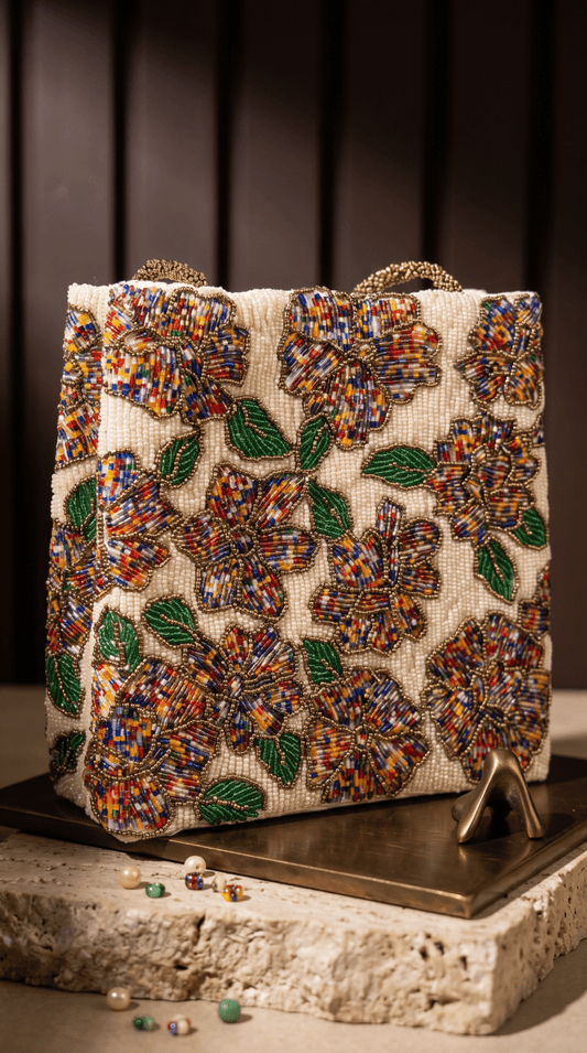 Beaded Mosaic Multi floral Handbag | Amal Ayub - Amal Ayub