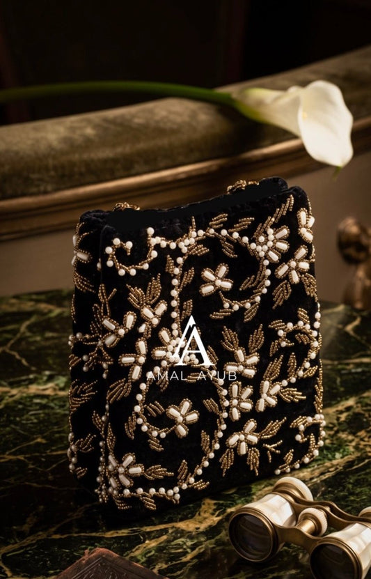 Beaded Noir Pearl Velvet Potli Bag | Handmade Pearl & Gold Evening clutch - Amal Ayub