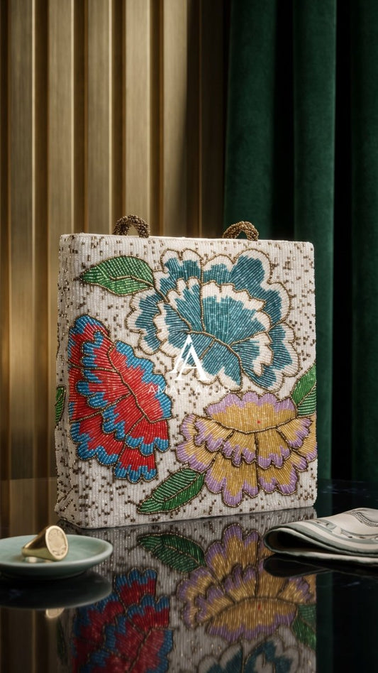 Beaded Peony Bloom Handbag | Ivory Multicolor Parties & Weddings| Amal Ayub - Amal Ayub