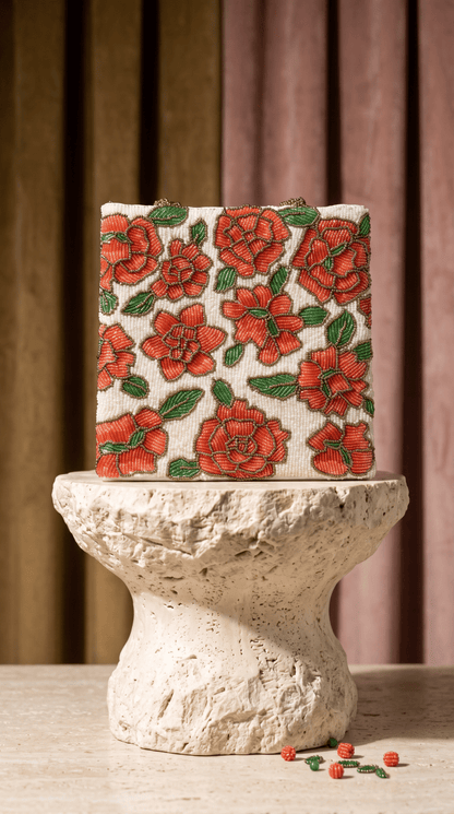 Beaded Red Ruby Bloom – Handmade Floral Bag- Weddings and Parties - Amal Ayub