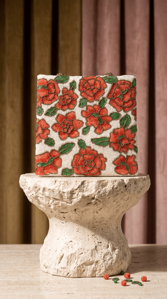 Beaded Red Ruby Bloom – Handmade Floral Bag- Weddings and Parties - Amal Ayub