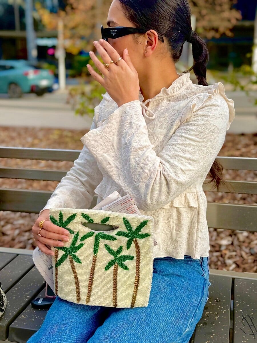 Beige tropical leaf embellished bag hand embellished bag Amal Ayub 