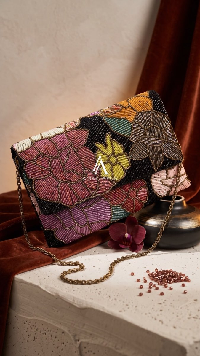 Black beaded Autumn Star Flap Clutch – Amal Ayub - Amal Ayub