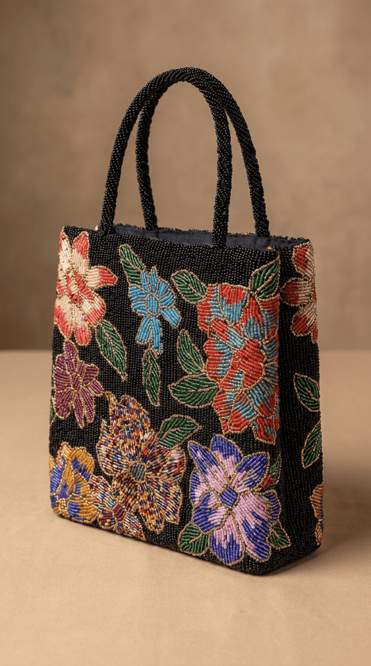 Black Floral Beaded Shoulder Bags | Amal Ayub - Amal Ayub