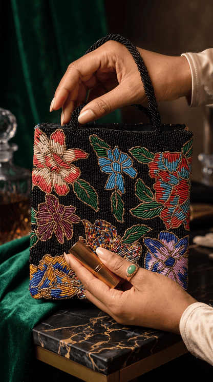 Black Floral Beaded Shoulder Bags | Amal Ayub - Amal Ayub