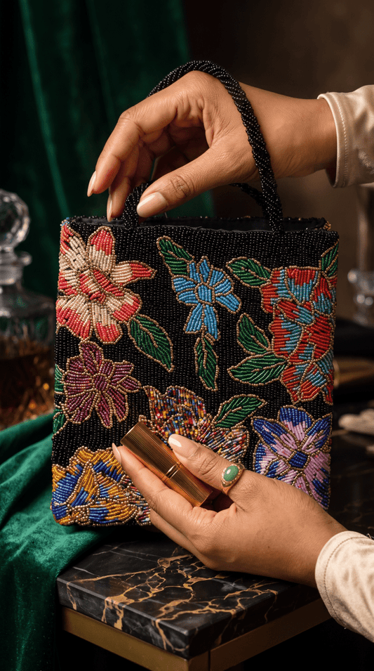 Black Floral Beaded Shoulder Bags | Amal Ayub - Amal Ayub