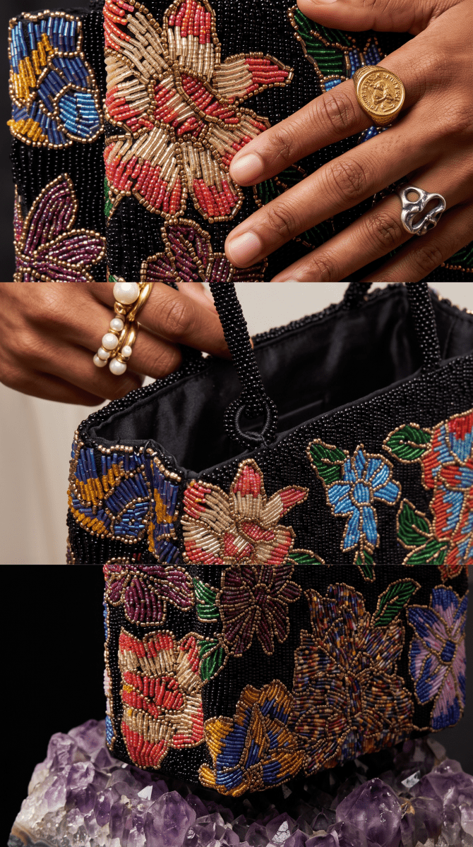 Black Floral Beaded Shoulder Bags | Amal Ayub - Amal Ayub