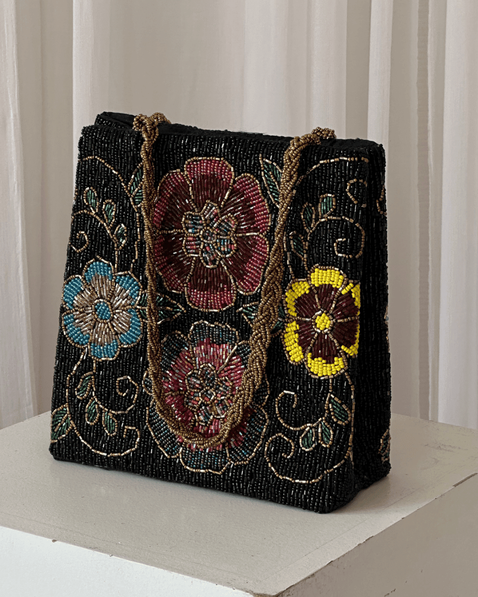 Black floral embellished tote bag hand embellished bag Amal Ayub 
