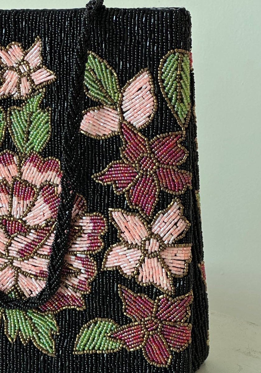 Black Floral hand beaded ladies handbag - Amal Ayub