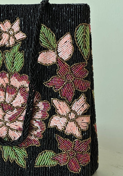 Black Floral hand beaded ladies handbag - Amal Ayub