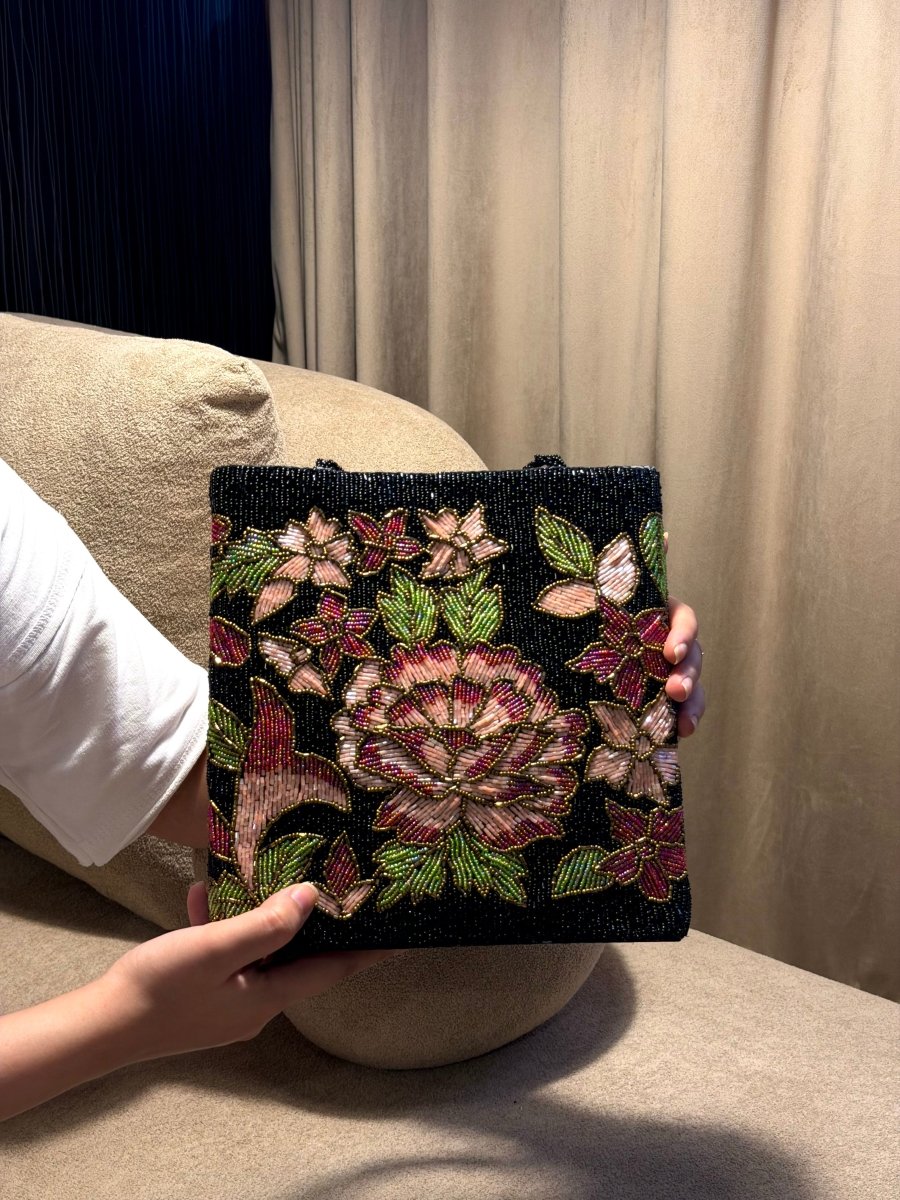 Black Floral hand beaded ladies handbag - Amal Ayub