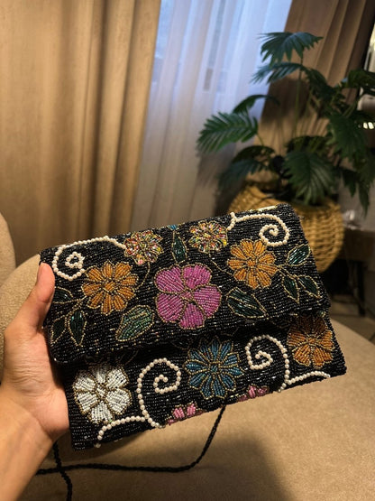 Black Floral Hand-Beaded Pearl Clutch for Weddings & Evening Events - Amal Ayub