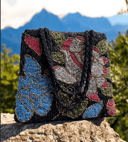 Black floral motive evening beaded handbag girls - Amal Ayub