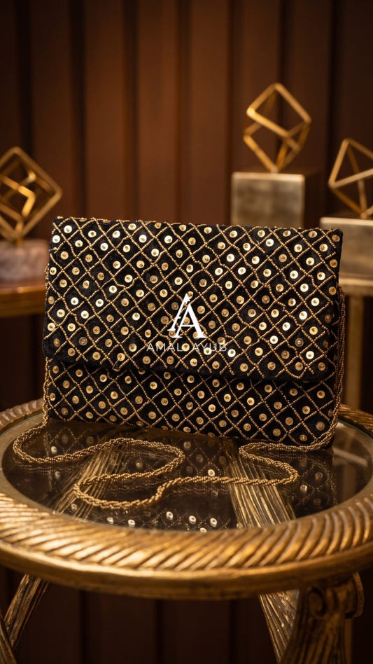 Black & Gold Sequin Beaded Clutch - Amal Ayub