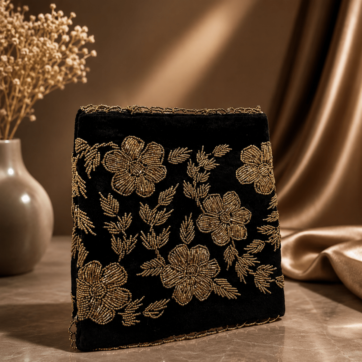 Black & Golden – Velvet Beaded Handmade bag - Amal Ayub