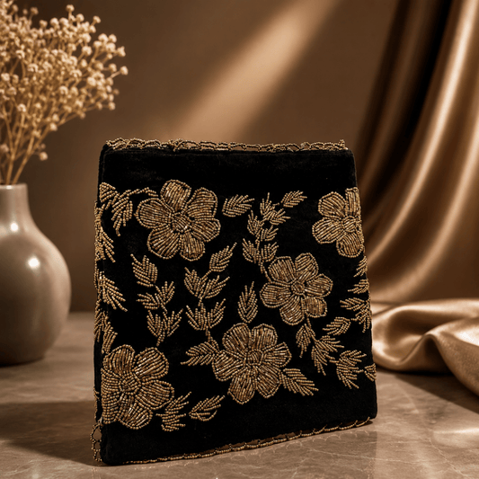 Black & Golden – Velvet Beaded Handmade bag - Amal Ayub