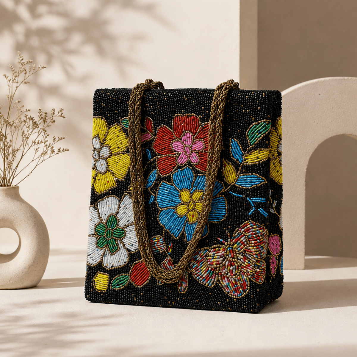 Black Handmade Multi Floral Bag for ladies | Weddings and parties | Fancy bag - Amal Ayub