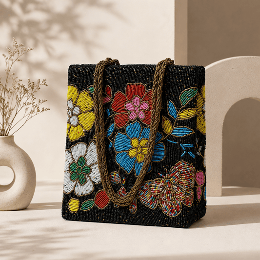 Black Handmade Multi Floral Bag for ladies | Weddings and parties | Fancy bag - Amal Ayub