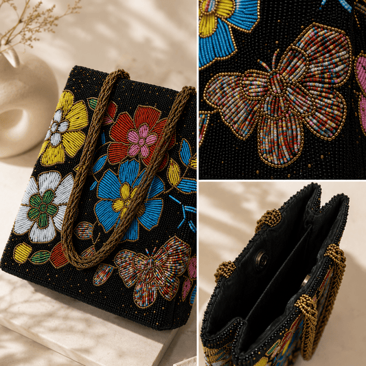 Black Handmade Multi Floral Bag for ladies | Weddings and parties | Fancy bag - Amal Ayub
