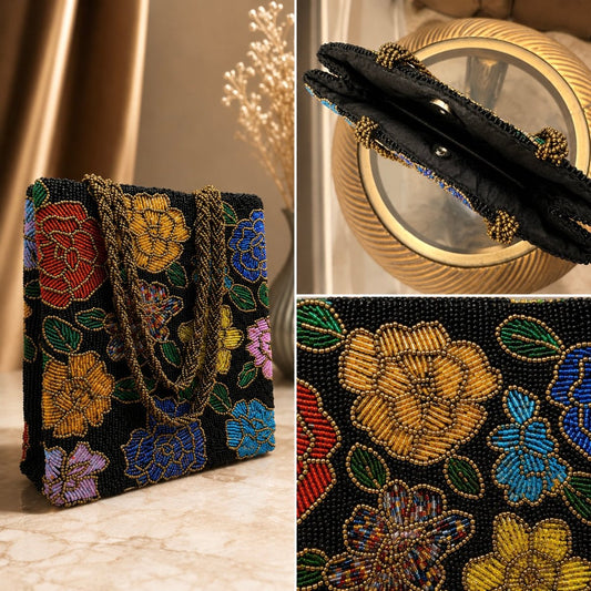 Black Midnight Bloom – Handmade Beaded bag - Amal Ayub