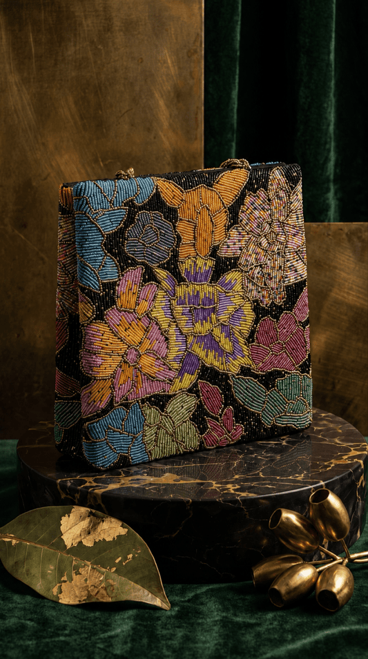 Black Multi Floral Hand beaded Bag | Evening bag | Weddings - Amal Ayub