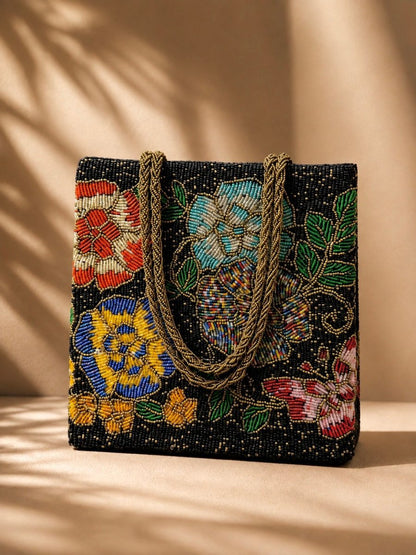 Black Noir Botanica Beaded Handbag - Amal Ayub