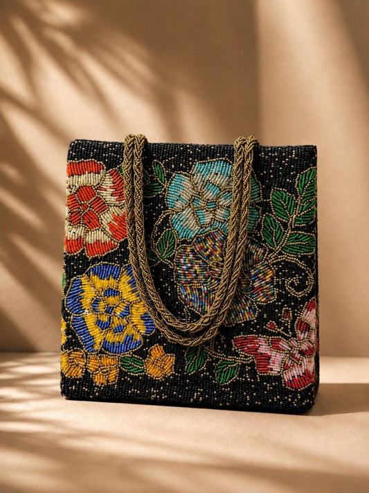 Black Noir Botanica Beaded Handbag - Amal Ayub