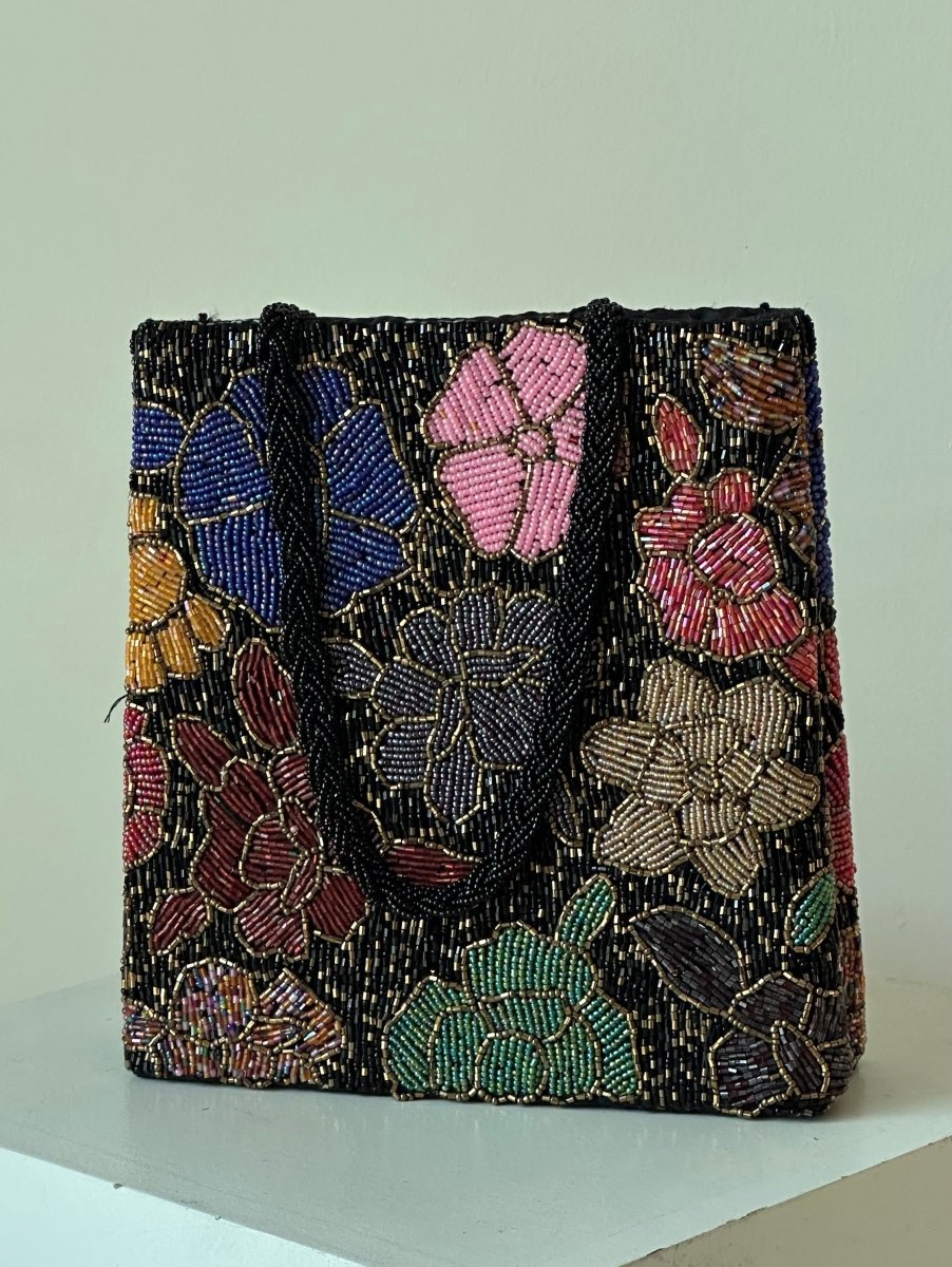 Black pink floral beaded bag - Amal Ayub