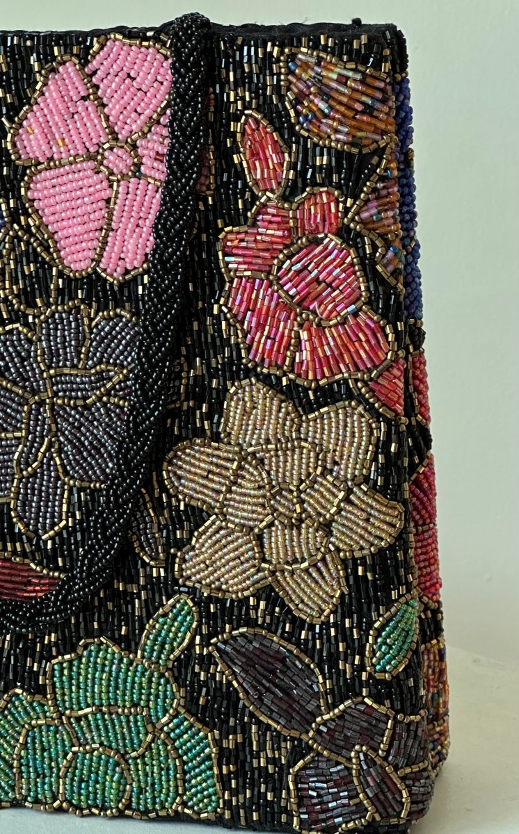 Black pink floral beaded bag - Amal Ayub