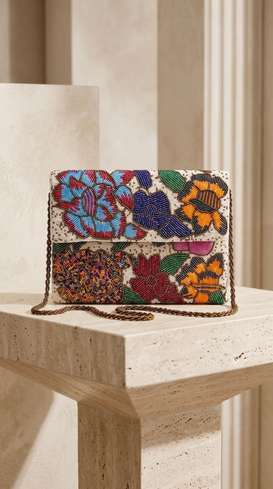 Blooming beads Multi Floral Hand Beaded Clutch - Amal Ayub