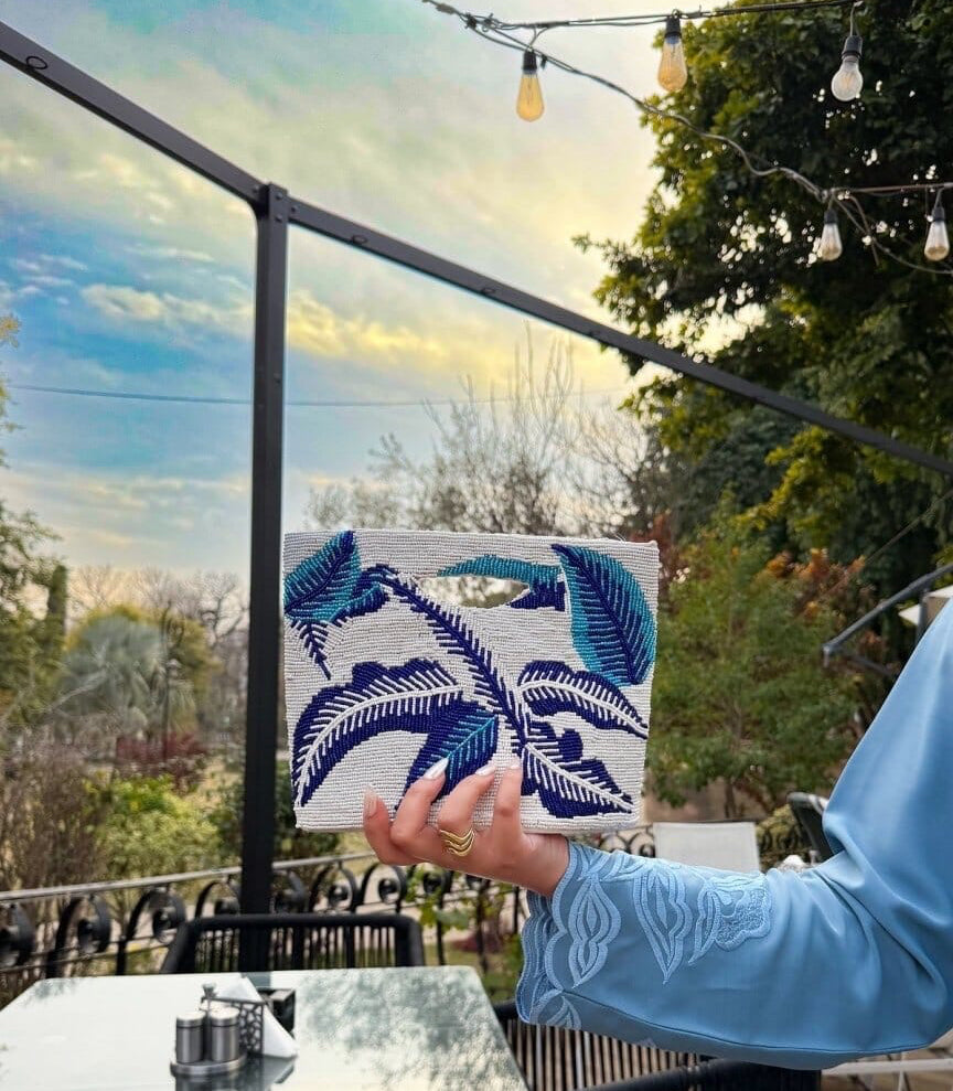 Blue white breeze embellished bag hand embellished bag Amal Ayub 