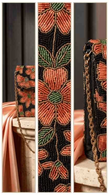 Coral Bloom Beaded Clutch | Red : Peach : Black | Wedding & Festive Bag - Amal Ayub