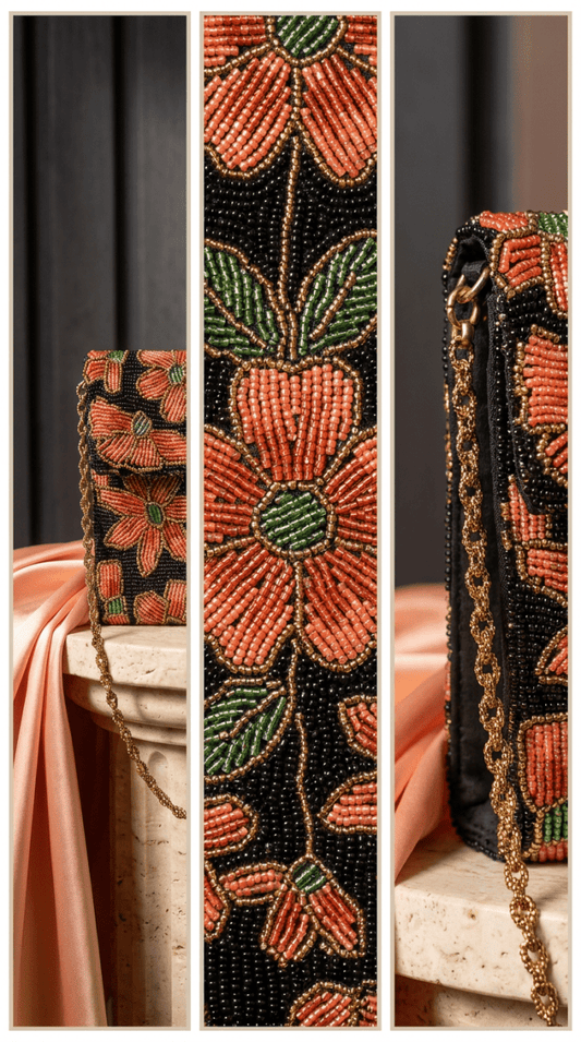 Coral Bloom Beaded Clutch | Red : Peach : Black | Wedding & Festive Bag - Amal Ayub