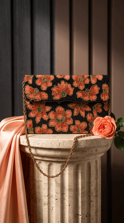 Coral Bloom Beaded Clutch | Red : Peach : Black | Wedding & Festive Bag - Amal Ayub