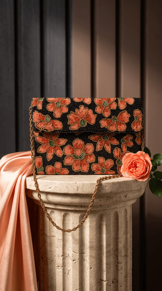 Coral Bloom Beaded Clutch | Red : Peach : Black | Wedding & Festive Bag - Amal Ayub