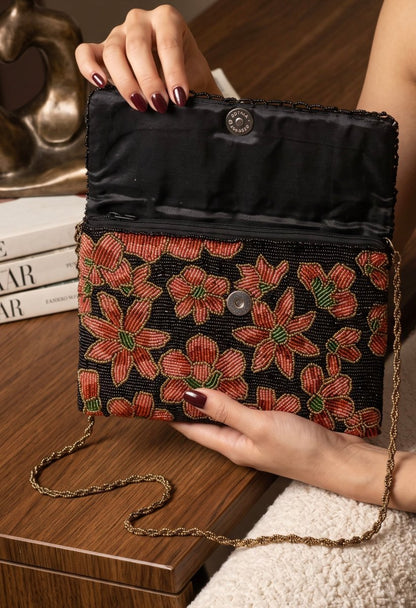 Coral Bloom Beaded Clutch | Red : Peach : Black | Wedding & Festive Bag - Amal Ayub