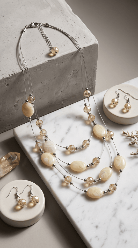 Cream & Champagne Layered Statement Necklace and Earring Set – 4 Strand Beaded Jewelry with Silver Accents - Amal Ayub