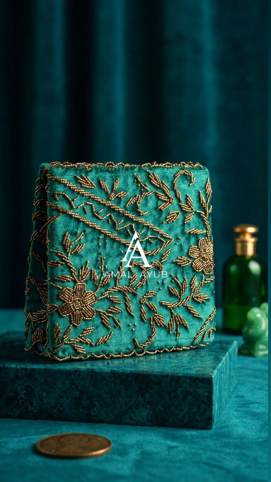 Emerald Velvet Gold-Beaded Clutch | Mid Size - Amal Ayub