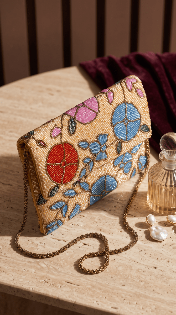 Floral Beaded Statement Clutch | Handcrafted Festive Evening Bag - Amal Ayub
