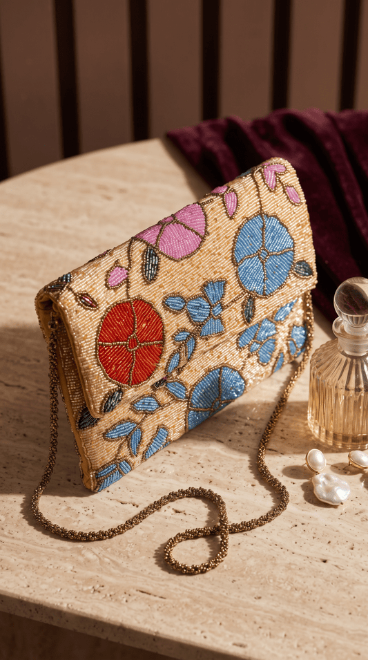 Floral Beaded Statement Clutch | Handcrafted Festive Evening Bag - Amal Ayub